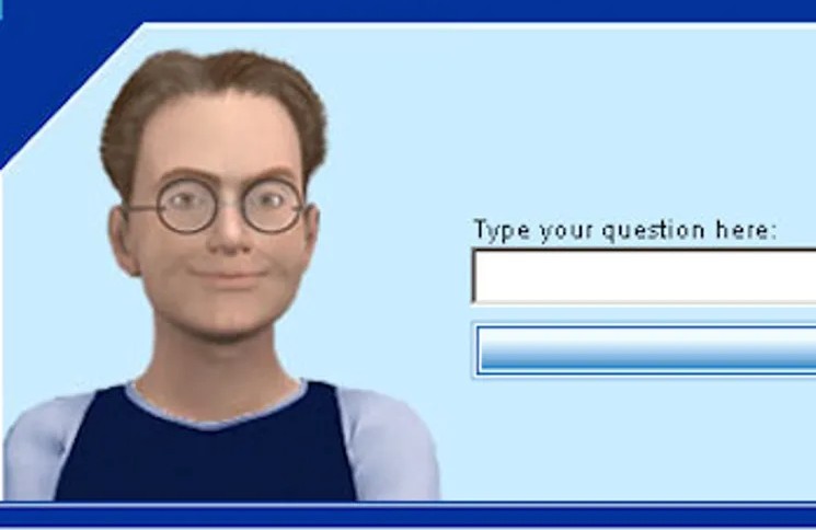 A computer-generated character with glasses and a neutral expression appears next to a text box labeled 