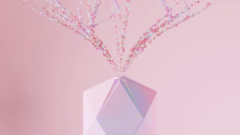 A pink, geometrically shaped object on a light pink background, with colorful sparkles emerging from the top, reminiscent of visual styles often generated by AI models.