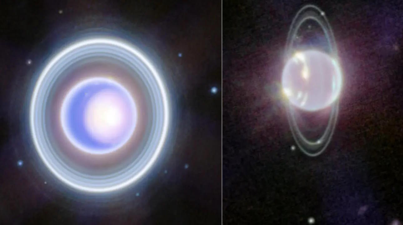 Images show the planet Uranus. The left image highlights its bright rings, while the right image, captured by the James Webb Space Telescope, depicts surprising details of glowing rings and a cloudy atmosphere. Discover more wonders in our solar system with these stunning visuals.