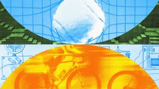 Abstract image featuring a blue-toned sphere with grid patterns above an orange-toned depiction of a cyclist amidst technical drawings, evoking the principle of golden marginal gains.