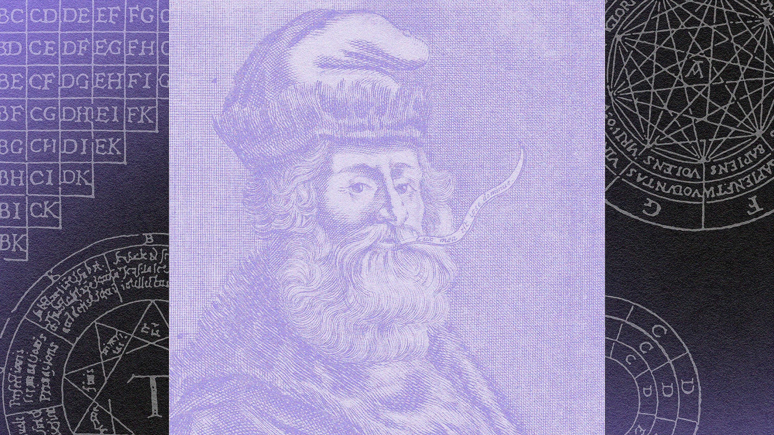 Portrait of an older man with a beard wearing a hat, depicted in purple tones, with scientific and alchemical symbols in the background, capturing the essence of a truth machine.