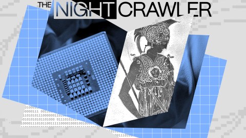 Collage featuring a microchip, an illustration of an armored figure, and text: "The NIGHTCRAWLER." Background includes blue grids and binary code, invoking the power of a digital god.