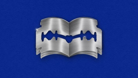 A stainless steel razor blade in the shape of an open book against a blue background. The razor's edges form the outline of the book's pages.