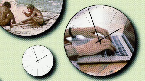 A collage of clock faces—one depicting cavemen, another showing hands typing on a laptop, and a blank clock—symbolizes the hyperefficient evolution of work over time.