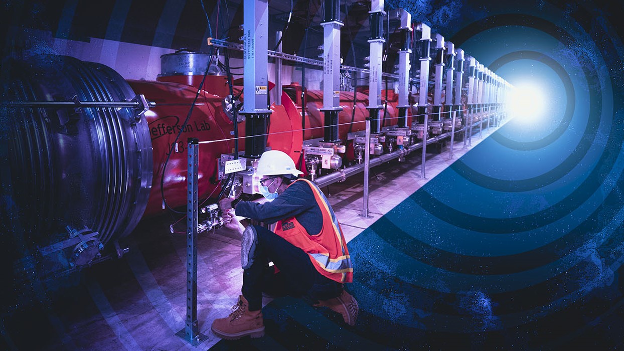 A worker in a hard hat and safety vest adjusts equipment in a facility alongside large red machinery labeled "Jefferson Lab." The scene fades into concentric circles, as if drawn by the powerful collider, leading to a bright light.