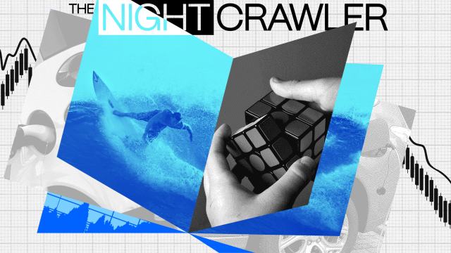 Collage featuring a surfer, hands holding a Rubik's cube, and text "The Nightcrawler." Abstract elements include graphs, car parts, and a cityscape interwoven with life lessons.