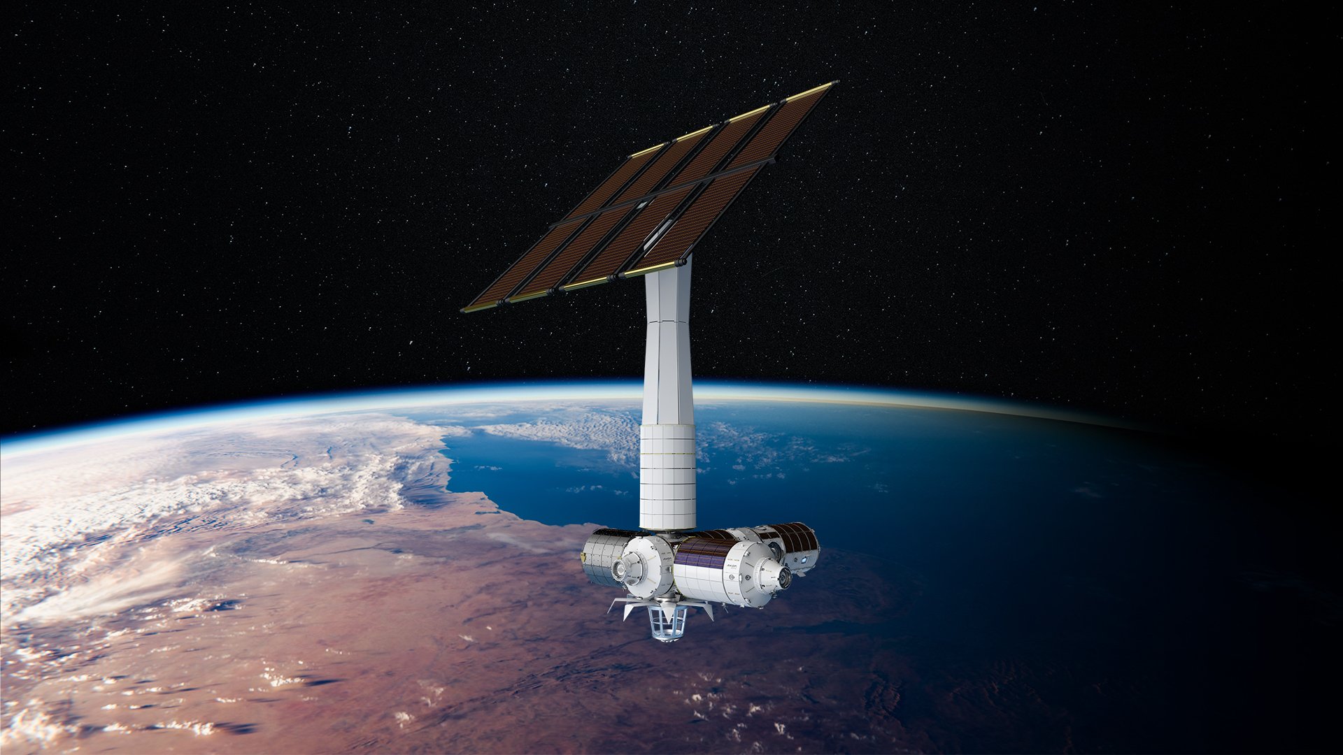 A modern satellite with large solar panels orbits above Earth, capturing imagery of land, ocean, and the atmosphere, with a clear view of the planet's curvature and space in the background.