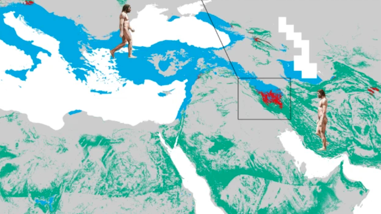 A map depicting historical migration paths with two human figures positioned in different regions, illustrating ancient travel routes. The map shows various colored regions representing different terrains.