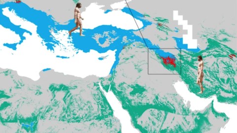 A map depicting historical migration paths with two human figures positioned in different regions, illustrating ancient travel routes. The map shows various colored regions representing different terrains.