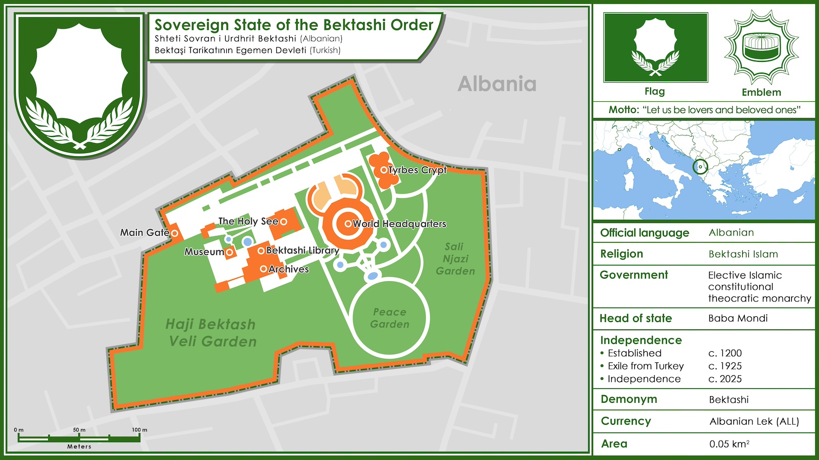 Map of the Sovereign State of the Bektashi Order, showing key locations such as the World Headquarters and Library, with details on independence, language, religion, government, and currency.