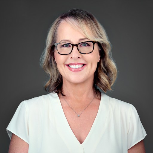 A woman with blonde hair and glasses is smiling. She is wearing a white blouse with a small pendant necklace. The background is plain and dark.