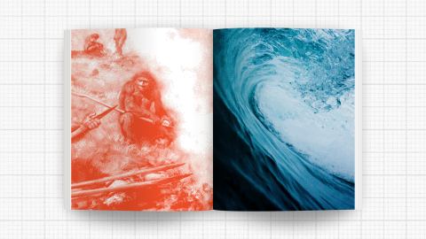 Open book showing two pages: the left page has a red-toned illustration of early humans, while the right page features a blue-toned photo of an ocean wave, capturing the hyperefficient balance between art and nature.