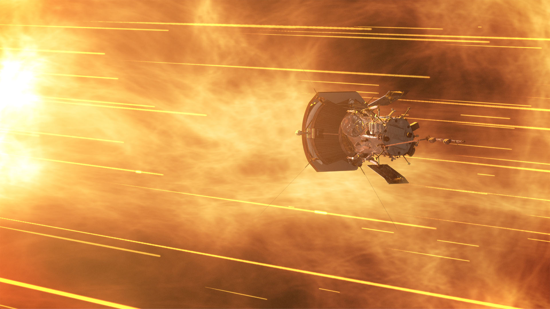 A spacecraft travels at the fastest spacecraft speed record through bright, yellow-orange streaks of plasma and solar wind near the Sun.