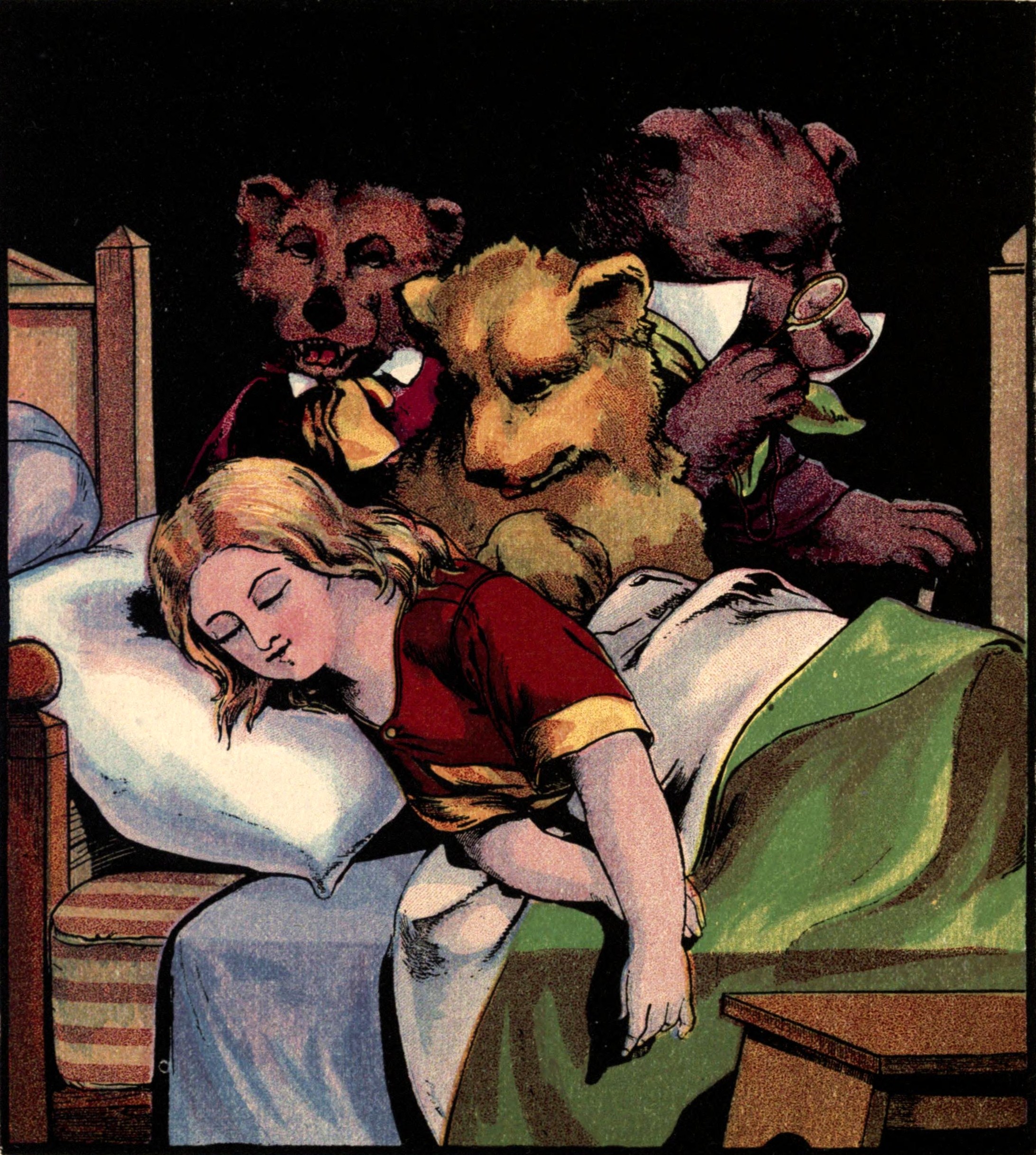 Illustration depicts a girl sleeping in a bed while three bears, one holding a cup, look at her in a dark room.