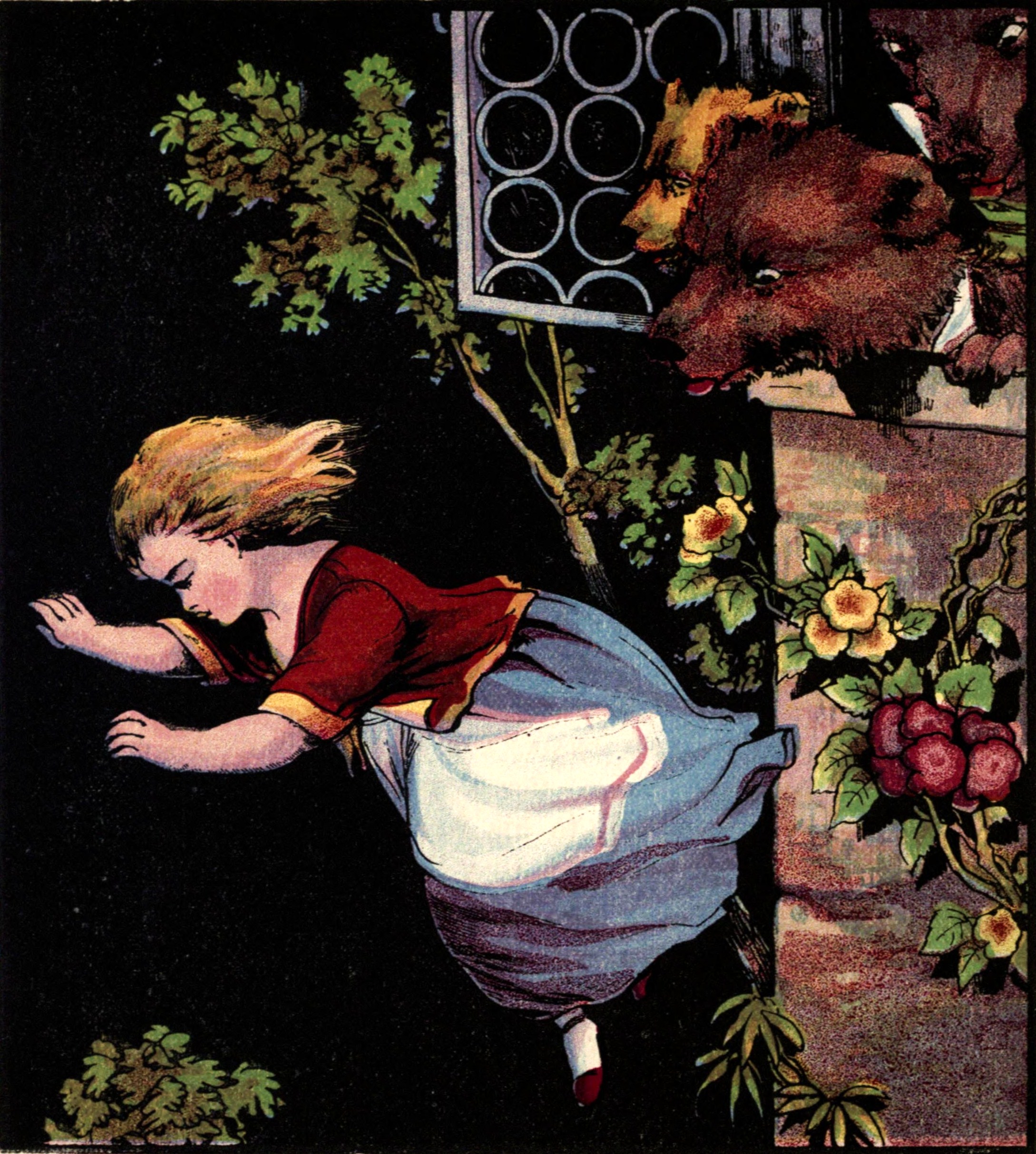 A girl in a red and white dress falls or jumps from a window while animals or creatures watch from the balcony above. Flowering plants surround the scene.