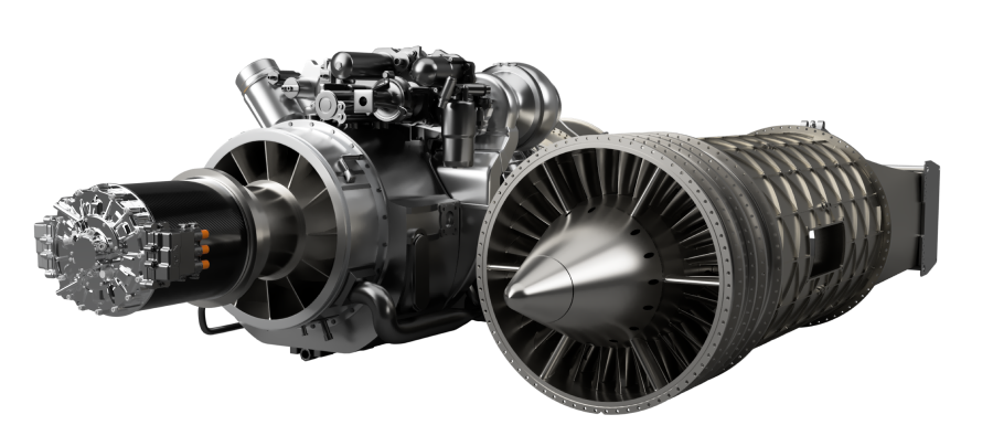 Image of a jet engine showing the fan blades, compressor, combustion chamber, and turbine. The complex machinery is metallic and intricate, illustrating the components of a modern turbojet engine.