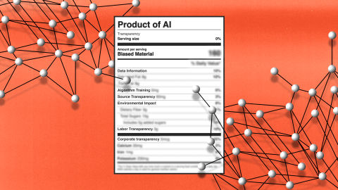 Image of a product label for "Product of AI" with details about transparency, biased material, data information, algorithm training, source transparency, environmental impact, labor transparency, corporate transparency—an approach endorsed by experts like Gary Marcus in the field of AI.