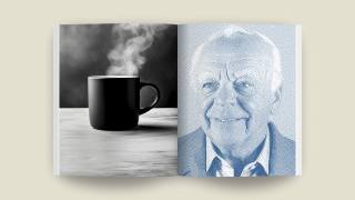 A book open to a black and white photo of a steaming mug on the left page and a detailed, artistic portrait of an elderly person on the right page, capturing a sense of rival camaraderie through the contrasting images.