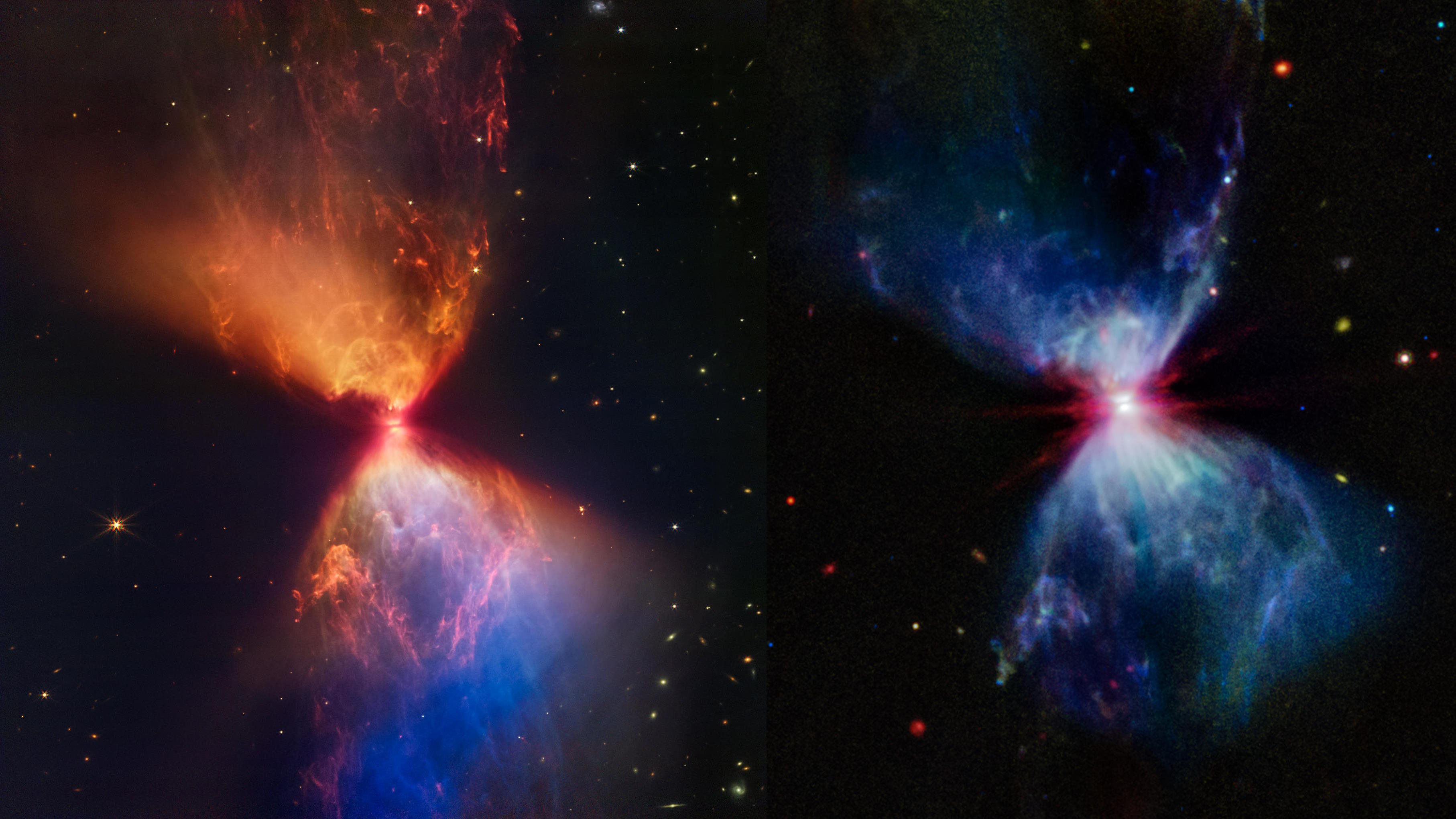 Two views of the same celestial object: the fiery orange-blue image on the left and a cooler blue-pink image on the right, showcasing an hourglass-shaped cloud of gas and dust in space.