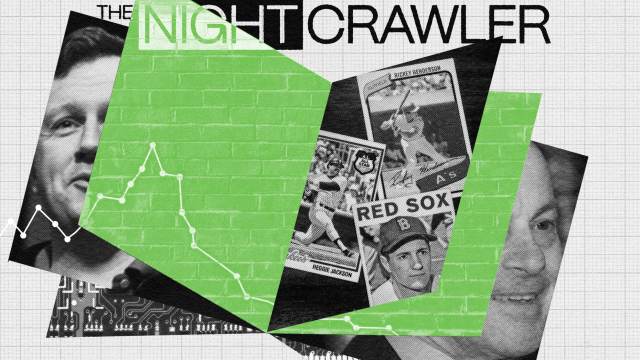 Collage with baseball trading cards and photos of people, overlaid with a line graph and titled "The Nightcrawler." The piece seems to be in founder mode, capturing the essence of pioneering moments. Background features a grid pattern.