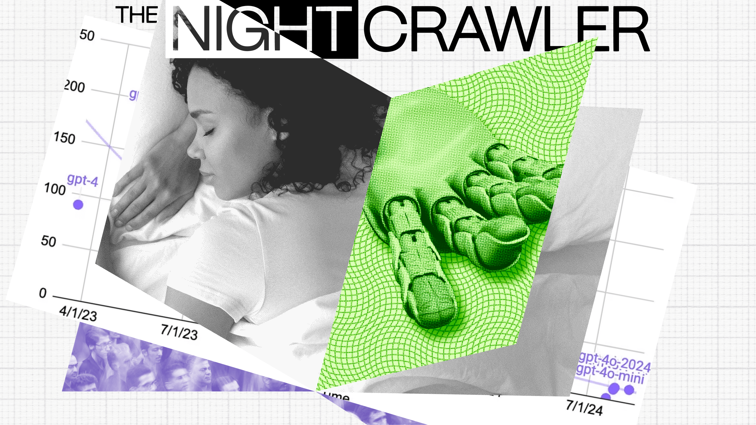 A collage featuring a sleeping person, a 3D-rendered hand, and various graphs with dates and "gpt-4" labels, overlaid by the text "The Nightcrawler," subtly highlights themes of the attention economy.