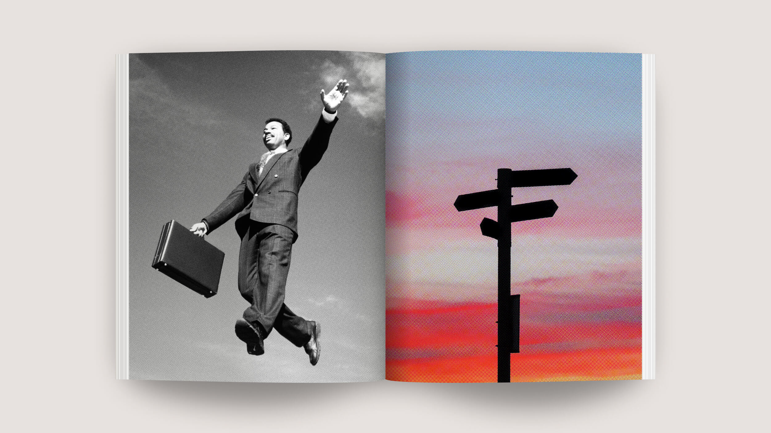 Open book showing a black-and-white photo on the left of a person jumping with a briefcase, symbolizing leadership, and a color image on the right of a signpost with multiple directional signs against a red and purple sky.