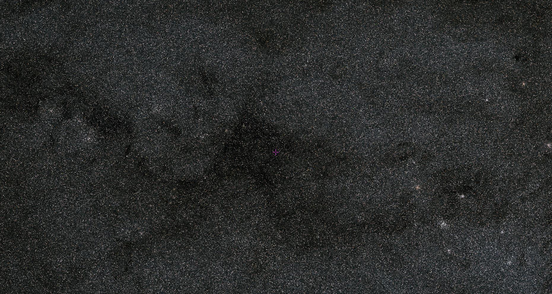 A densely packed star field in deep space, captured by the JWST, with a tiny pink dot near the center, set against the vast expanse of the outer Milky Way.