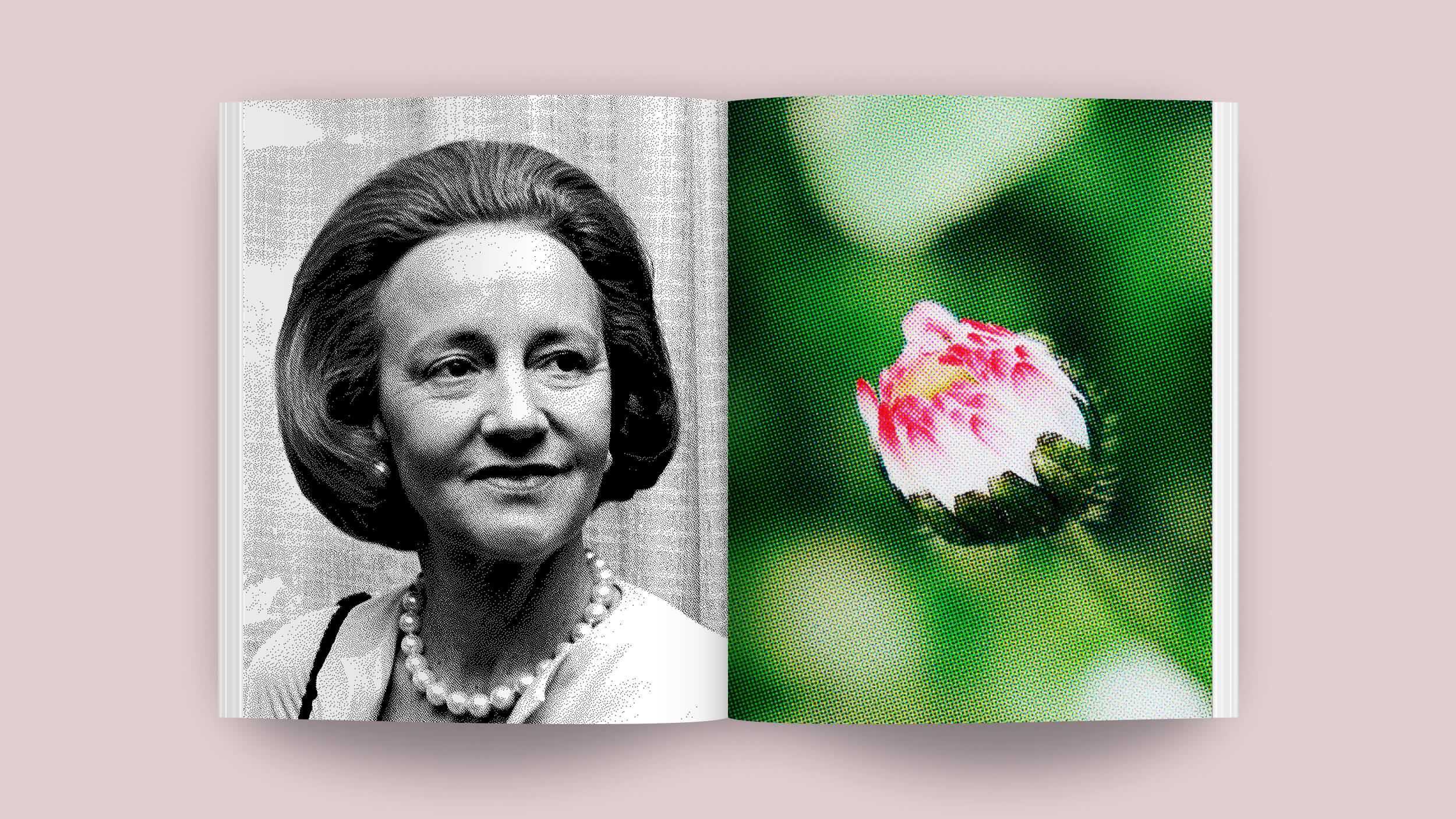 An open book with a black-and-white photo of a woman on the left page and a close-up image of a flower bud on the right page.