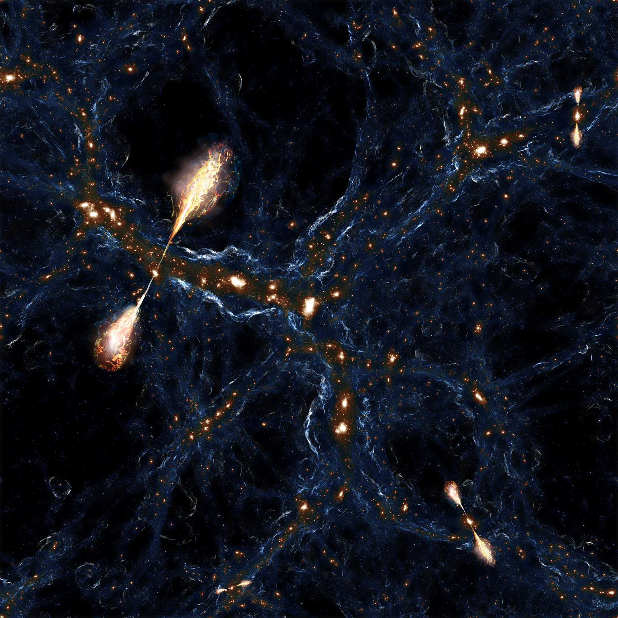 A computer-generated image depicts a vast cosmic web with filaments of dark matter and galaxies, showcasing an intricate network resembling neural pathways in space.