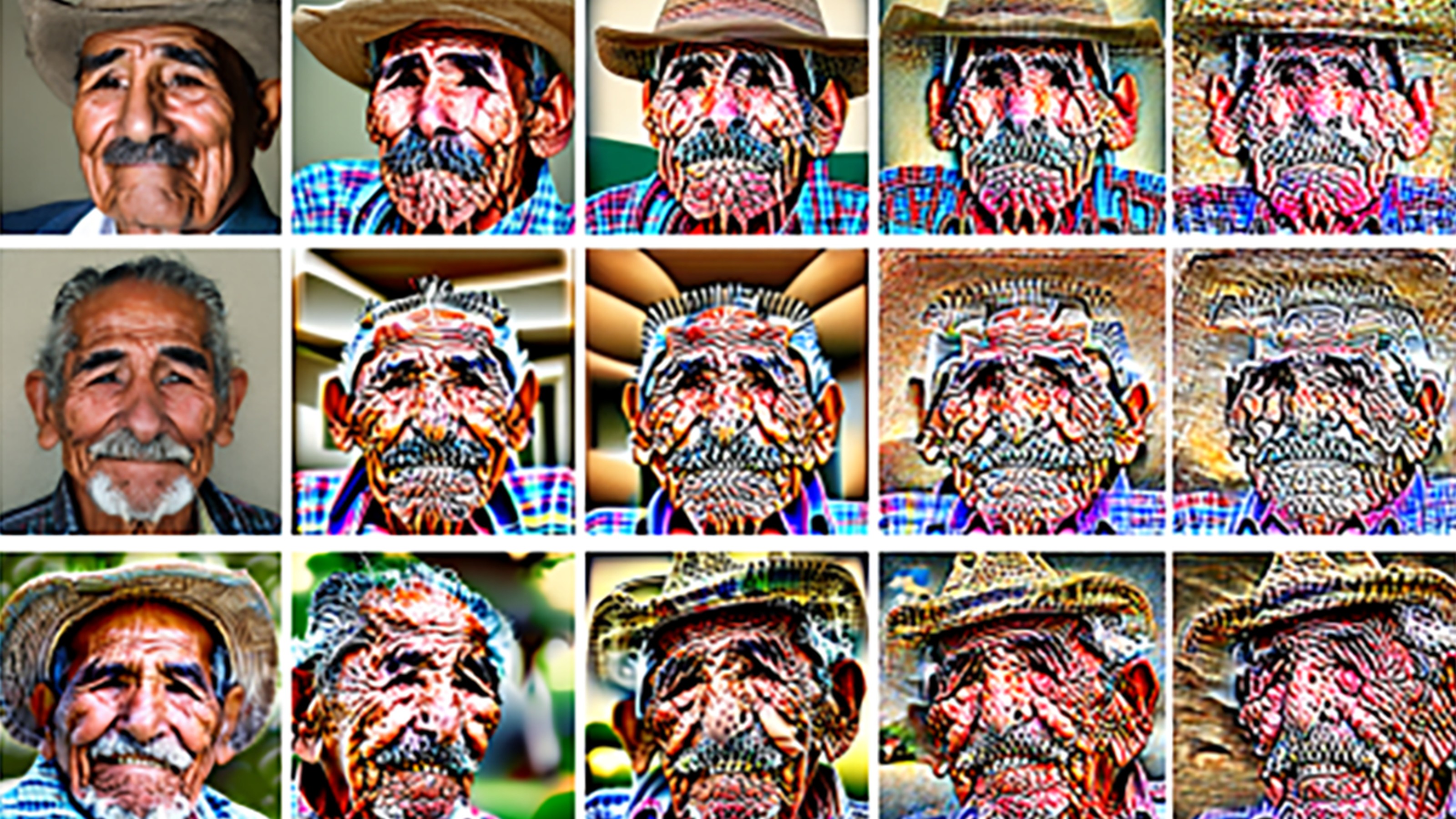 A grid of 15 photos depicts an elderly man with varying levels of digital distortion. He wears a hat in some images and has prominent facial lines and a mustache in all pictures.