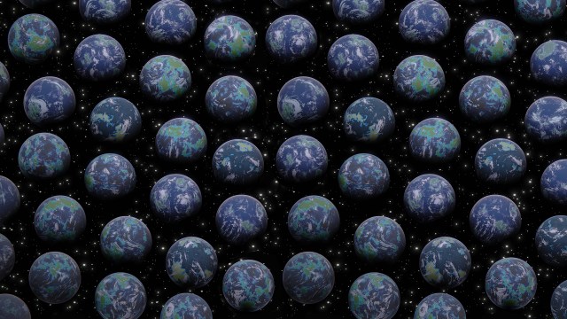 Rows of identical Earth-like planets stretch out into the vast copy multiverse, with a dark starry background visible between them.