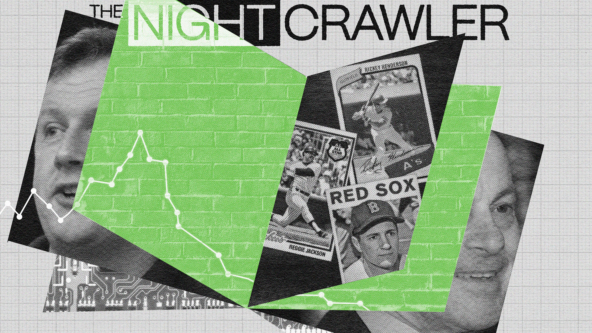 Collage featuring three baseball cards, a graph, and partial images of two faces against a green and gray background with the text "The Nightcrawler: founder mode.