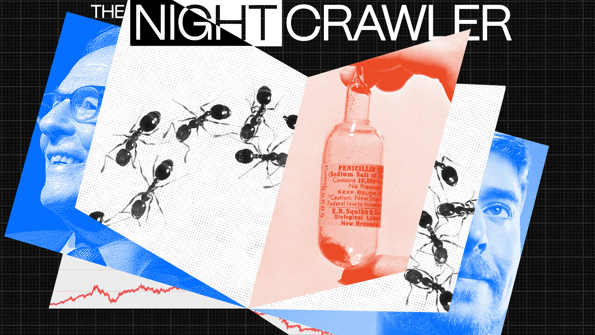 A collage features images of a person smiling, ants, a penicillin bottle, another person's face, and an autonomous car, with the title "The Nightcrawler" at the top against a dark background.