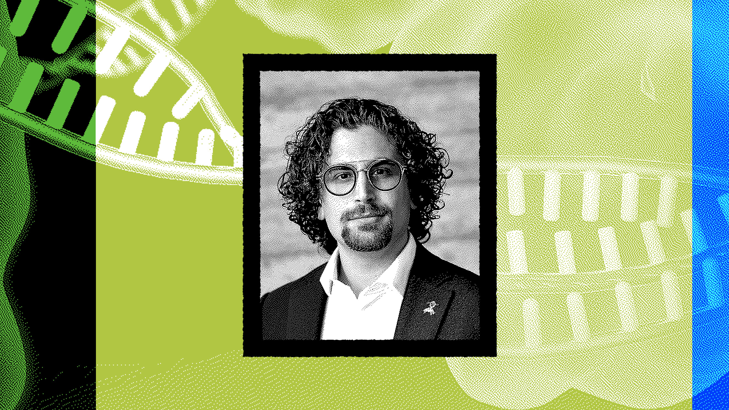 A black-and-white portrait of a man with curly hair, glasses, and a beard is centered against a green and blue background with abstract DNA helix patterns, representing leadership essentials.