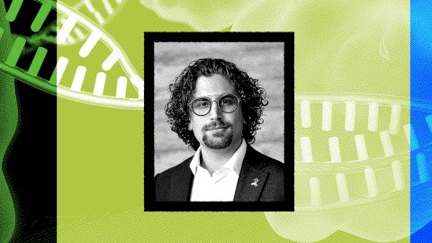 A black-and-white portrait of a man with curly hair, glasses, and a beard is centered against a green and blue background with abstract DNA helix patterns, representing leadership essentials.