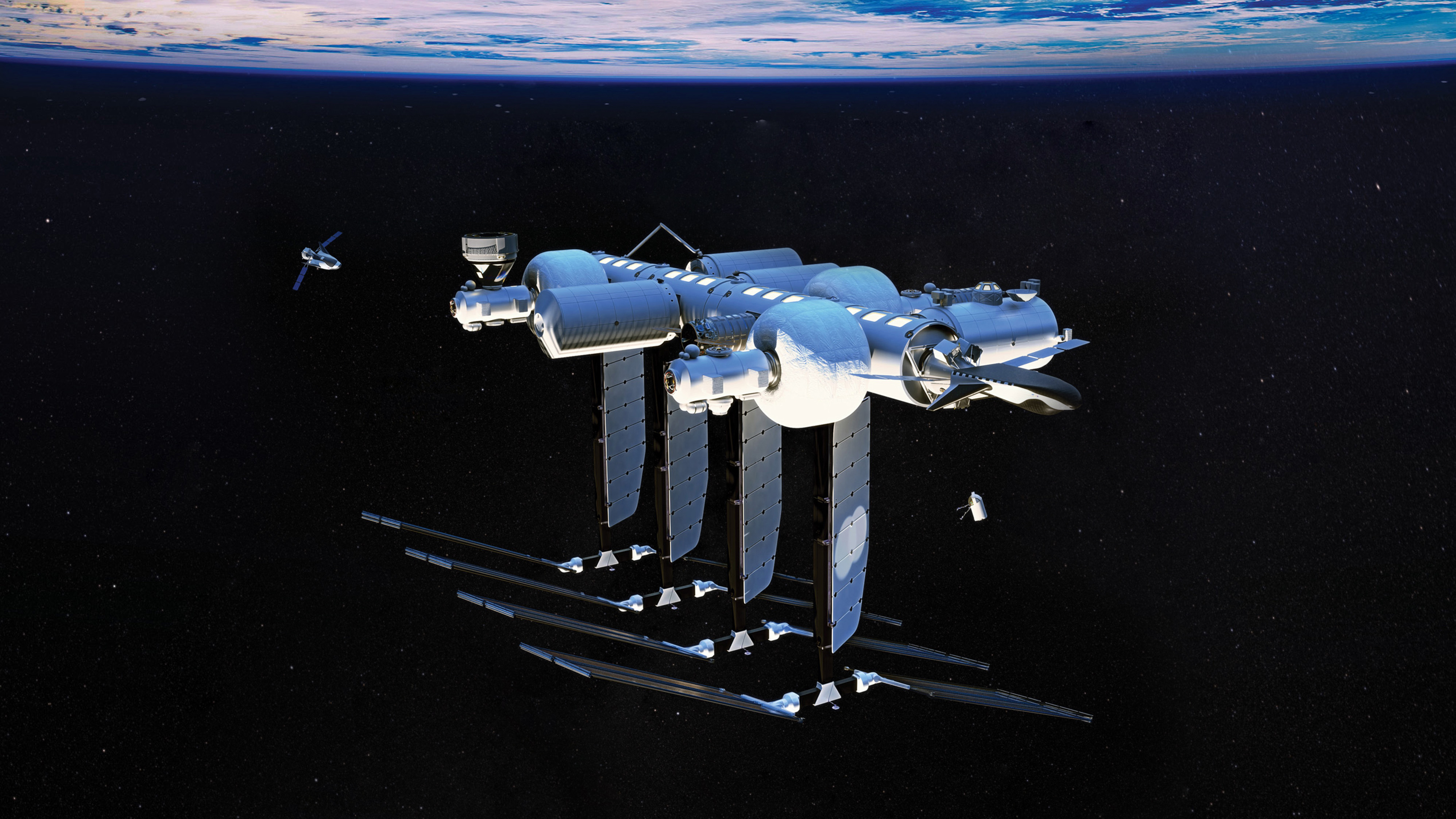 Illustration of a large, futuristic space station with multiple modules and solar panels, floating in the dark expanse of space with Earth visible in the background.