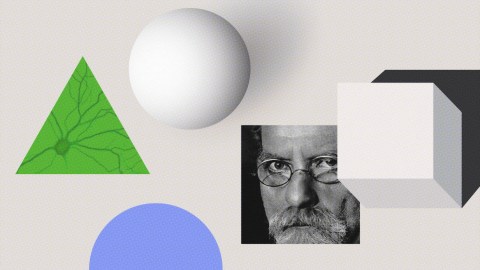 A collage features geometric shapes including a green triangle, a white sphere, a purple circle, and a white cube. Partially visible is a grayscale photo of a man wearing glasses.