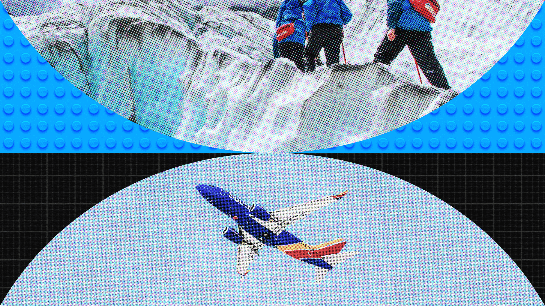 Two scenes: Top shows climbers on an ice-covered terrain, embodying fun and success. Bottom captures an airplane in flight against a clear sky.