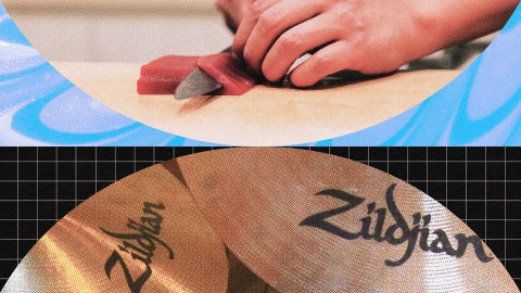 Top image: Close-up of hands slicing a piece of raw meat with a knife, emphasizing precision akin to the longevity sought in business immortality. Bottom image: Close-up of two Zildjian cymbals of different sizes on a grid pattern background.