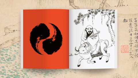 An open book with a red page showing a black, abstract, circular design on the left and a black-and-white illustration of a person practicing Daoism while riding an ox next to a tree on the right.