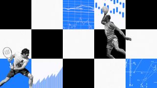 A collage features a tennis player and a basketball player against a backdrop of financial charts, graphs, and mathematical equations on a checkered pattern.