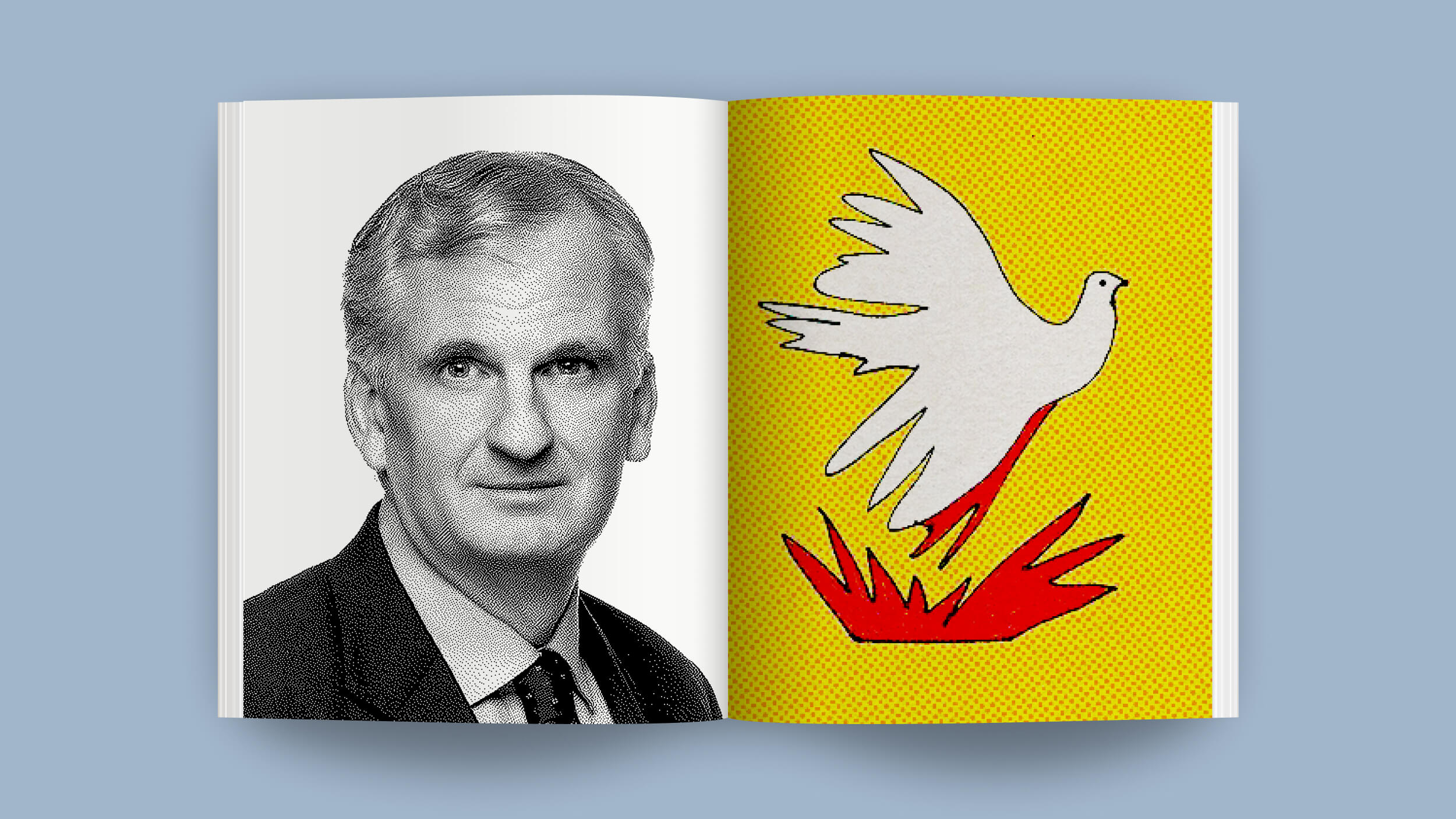 A grayscale photo of a man is on the left page of an open book, while the right page features an illustration of a white dove with red accents on a yellow background, symbolizing freedom.