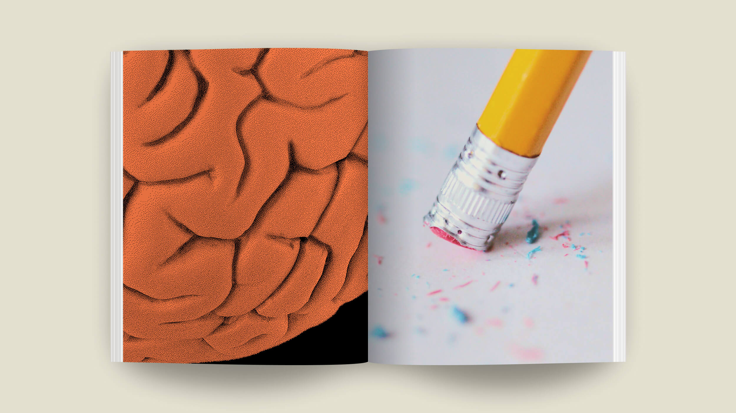 Open book with an image of a brain on the left page and a pencil eraser unlearning old marks on the right page.