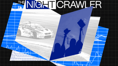 Collage featuring a race car, silhouettes holding diplomas, and the text "The Nightcrawler" on a grid background, embodying a new ethos.