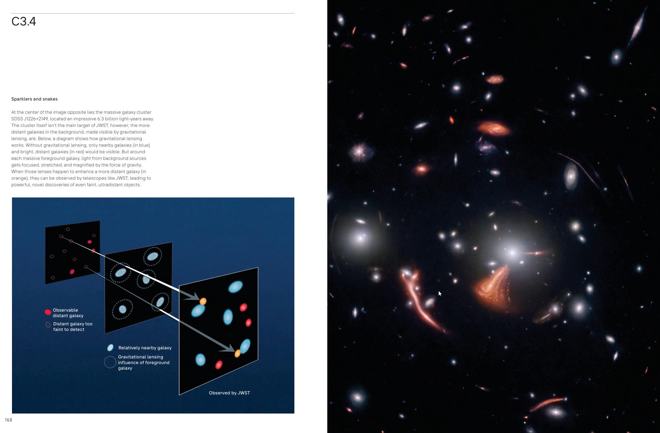 Page with text and an illustration explaining gravitational lensing next to an image of distant galaxies and warped light trails seen in space.