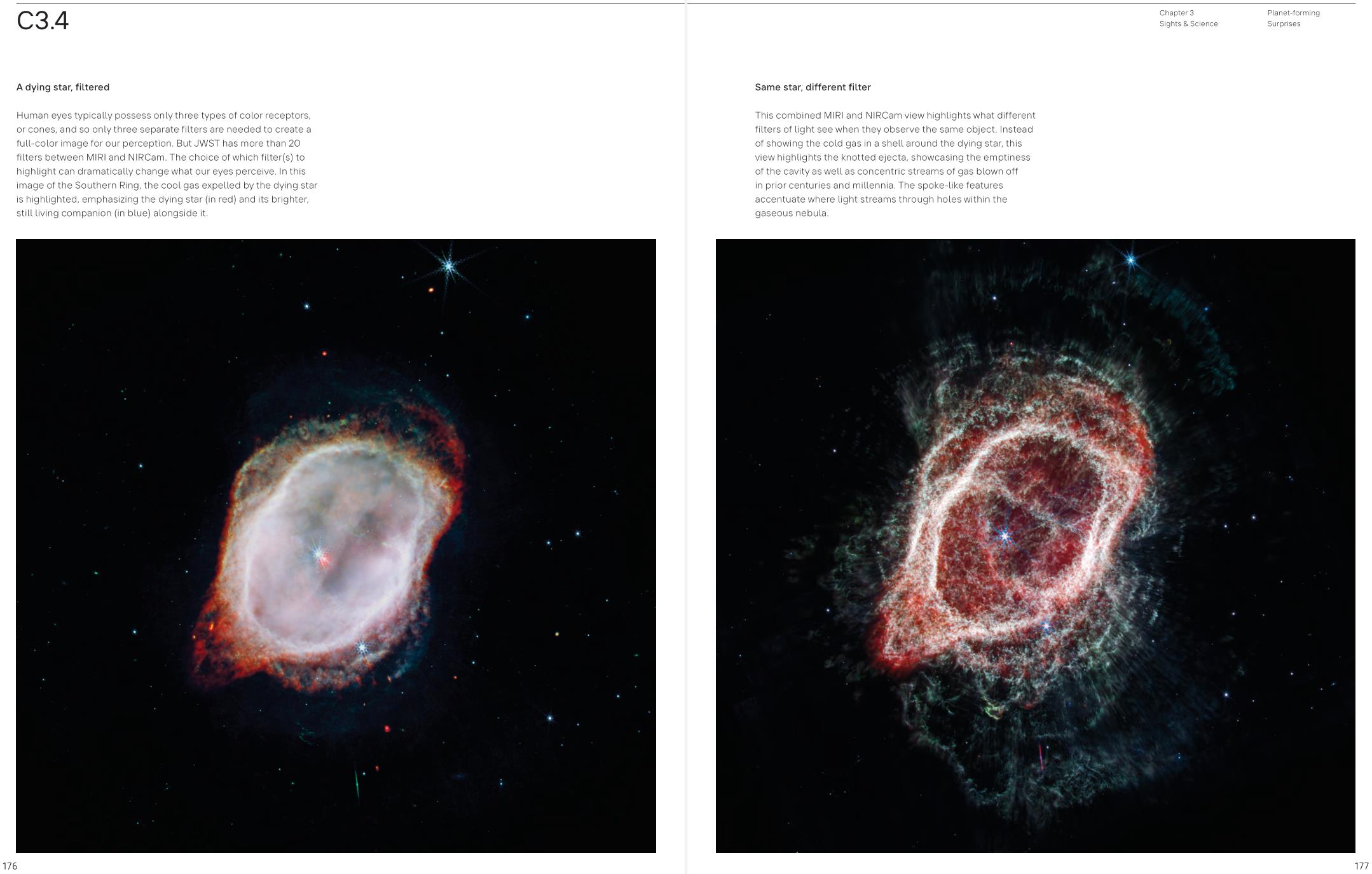 Two images of the same nebula, one left and one right. The left nebula image has a reddish hue, while the right has enhanced red-green colors, highlighting different features of the nebula.