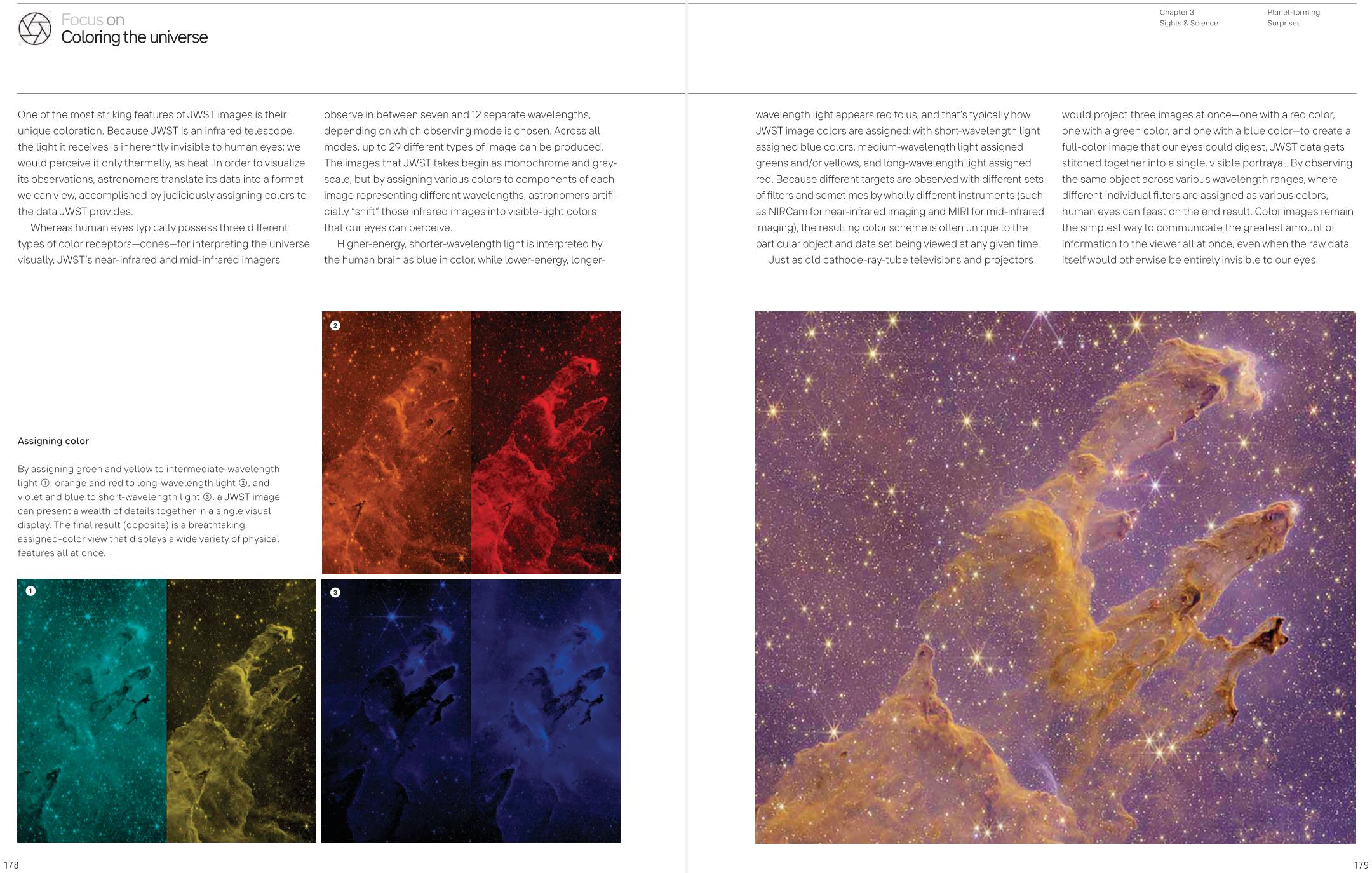 A two-page article about coloring the universe using James Webb Space Telescope images, featuring four different tinted versions of the same cosmic scene on the left page.