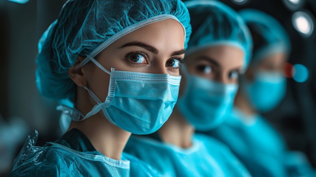 Medical professionals, with an unwavering focus on patient care, don blue surgical masks and caps in a hospital setting, ensuring their work remains free from bias and dedicated to the well-being of each individual.