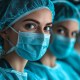 Medical professionals, with an unwavering focus on patient care, don blue surgical masks and caps in a hospital setting, ensuring their work remains free from bias and dedicated to the well-being of each individual.