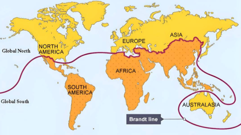 World map highlighting the Brandt Line, dividing the Global North and Global South across continents.